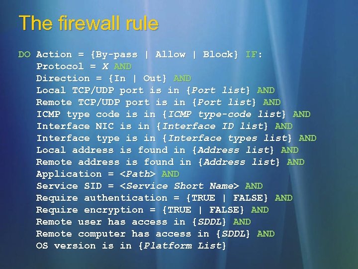 The firewall rule DO Action = {By-pass | Allow | Block} IF: Protocol =