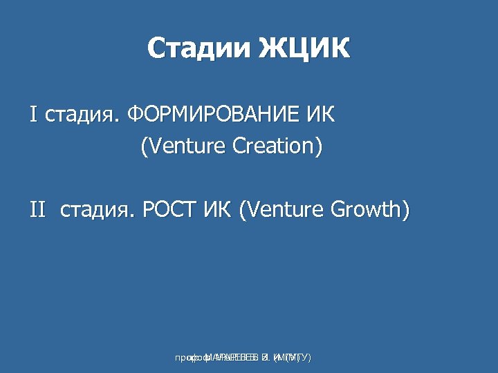 Стадии ЖЦИК I стадия. ФОРМИРОВАНИЕ ИК (Venture Creation) II стадия. РОСТ ИК (Venture Growth)