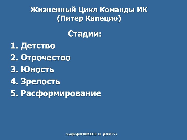Жизненный Цикл Команды ИК (Питер Капецио) Стадии: 1. Детство 2. Отрочество 3. Юность 4.