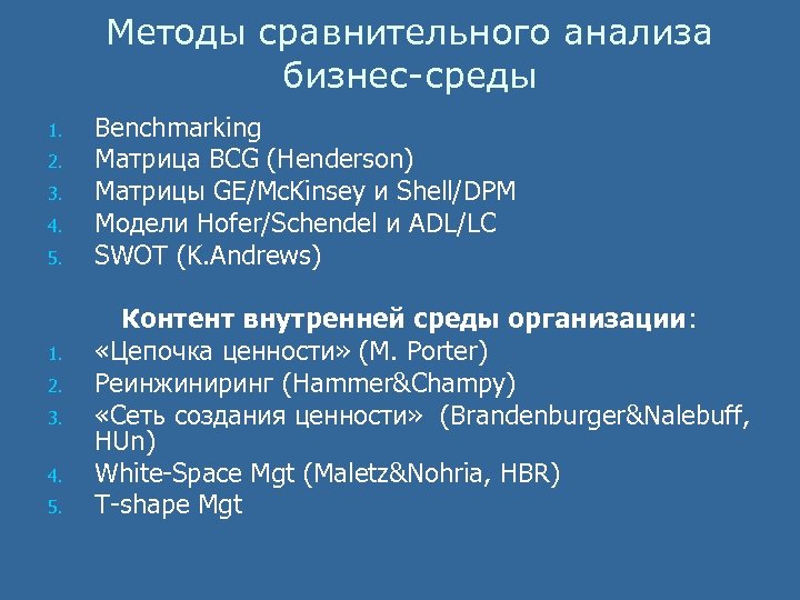 Методы сравнительного анализа бизнес-среды 1. 2. 3. 4. 5. Benchmarking Матрица BCG (Henderson) Матрицы