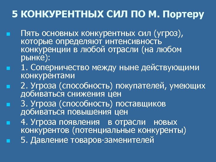 5 КОНКУРЕНТНЫХ СИЛ ПО М. Портеру n n n Пять основных конкурентных сил (угроз),