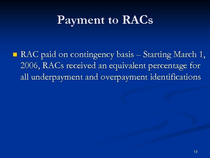 Payment to RACs n RAC paid on contingency basis – Starting March 1, 2006,