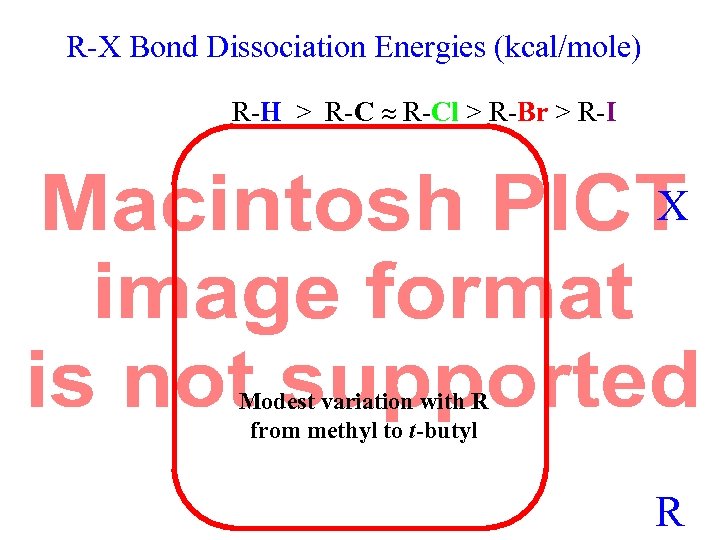 R-X Bond Dissociation Energies (kcal/mole) R-H > R-Cl > R-Br > R-I X Modest