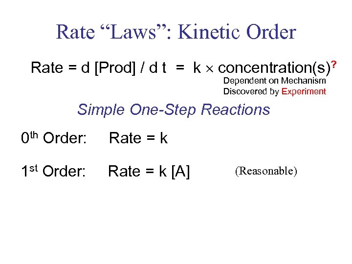 Rate “Laws”: Kinetic Order Rate = d [Prod] / d t = k concentration(s)?