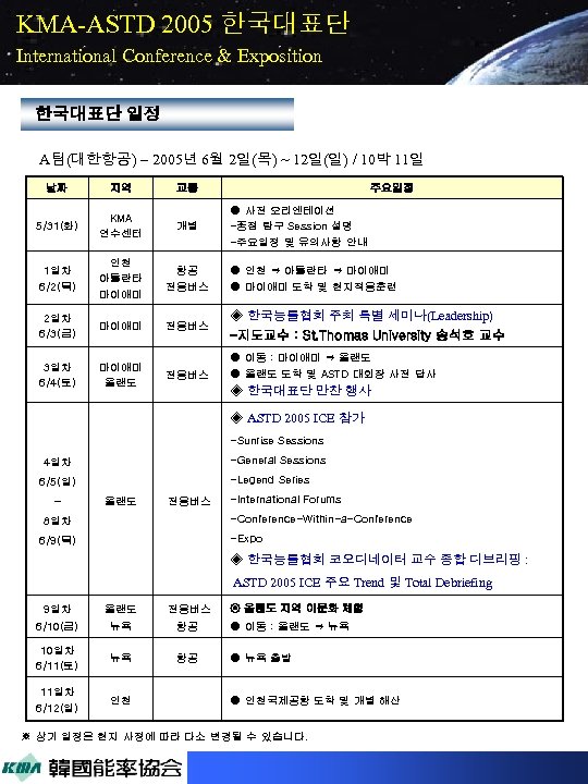 KMA-ASTD 2005 한국대표단 International Conference & Exposition 한국대표단 일정 A팀(대한항공) – 2005년 6월 2일(목)
