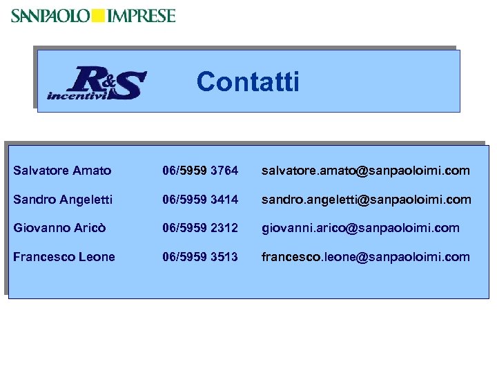 Contatti Salvatore Amato 06/5959 3764 salvatore. amato@sanpaoloimi. com Sandro Angeletti 06/5959 3414 sandro. angeletti@sanpaoloimi.