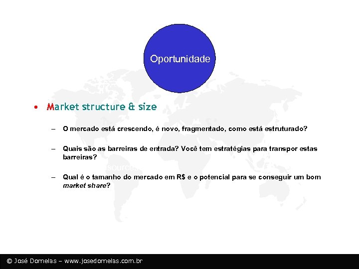 Opportunity Oportunidade • Market structure & size – O mercado está crescendo, é novo,