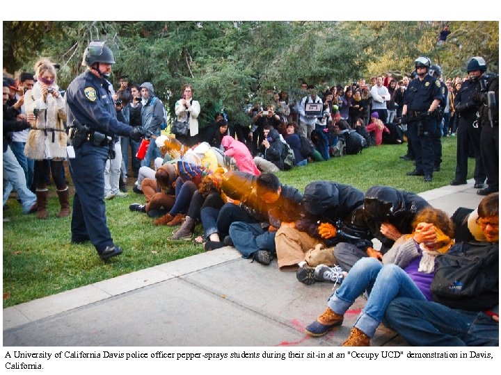 A University of California Davis police officer pepper-sprays students during their sit-in at an