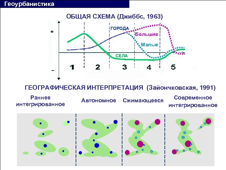  Геоурбанистика ОБЩАЯ СХЕМА (Джиббс, 1963) ГОРОДА Большие Малые СЕЛА ГЕОГРАФИЧЕСКАЯ ИНТЕРПРЕТАЦИЯ (Зайончковская, 1991)