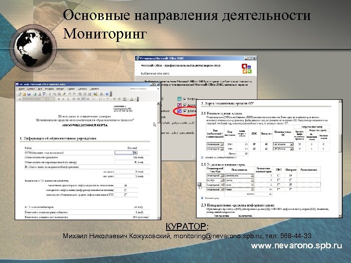 Основные направления деятельности Мониторинг КУРАТОР: Михаил Николаевич Кожуховский, monitoring@nevarono. spb. ru, тел: 568 -44