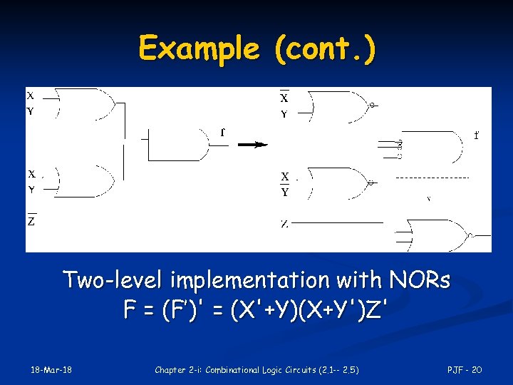 Example (cont. ) Two-level implementation with NORs F = (F’)' = (X'+Y)(X+Y')Z' 18 -Mar-18