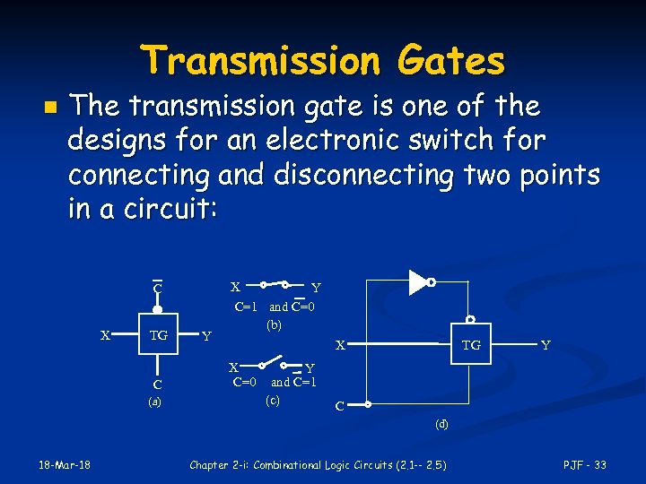Transmission Gates n The transmission gate is one of the designs for an electronic