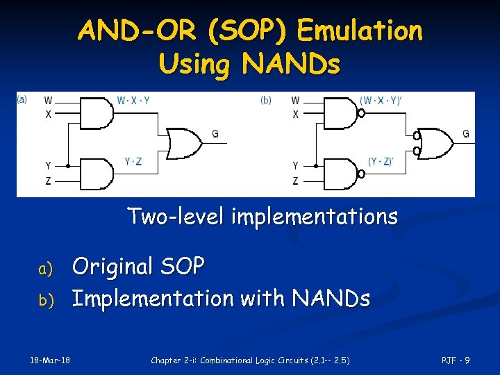 AND-OR (SOP) Emulation Using NANDs Two-level implementations a) b) 18 -Mar-18 Original SOP Implementation
