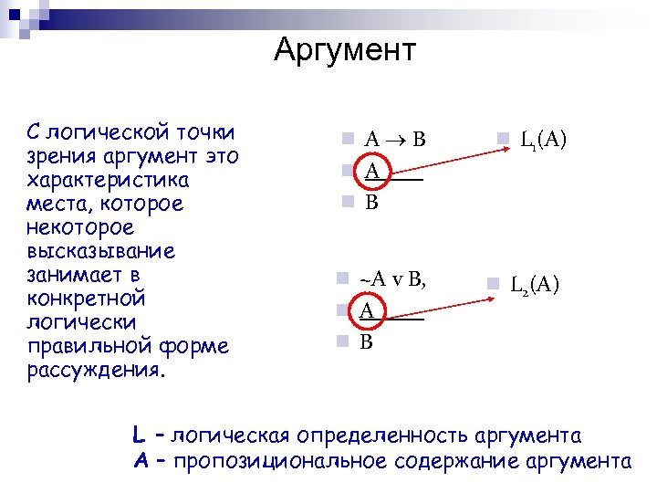 Аргумент С логической точки зрения аргумент это характеристика места, которое некоторое высказывание занимает в