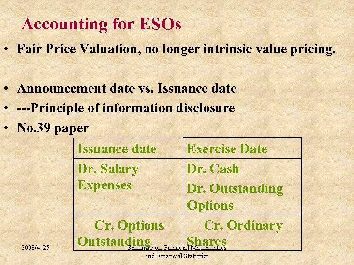 Accounting for ESOs • Fair Price Valuation, no longer intrinsic value pricing. • Announcement