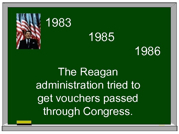 1983 1985 1986 The Reagan administration tried to get vouchers passed through Congress. 