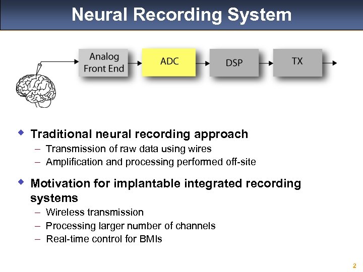 Neural Recording System w Traditional neural recording approach – Transmission of raw data using