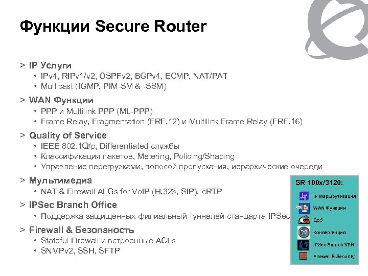 Функции Secure Router > IP Услуги • IPv 4, RIPv 1/v 2, OSPFv 2,