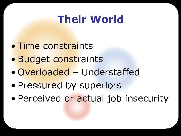 Their World • Time constraints • Budget constraints • Overloaded – Understaffed • Pressured