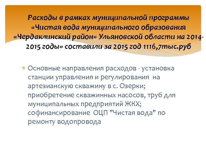 Расходы в рамках муниципальной программы «Чистая вода муниципального образования «Чердаклинский район» Ульяновской области на