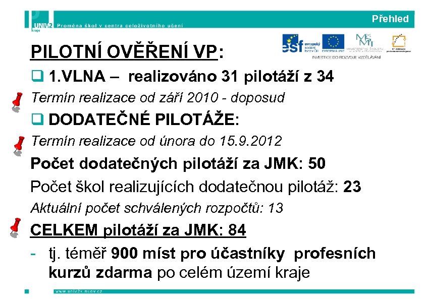 Přehled PILOTNÍ OVĚŘENÍ VP: q 1. VLNA – realizováno 31 pilotáží z 34 Termín