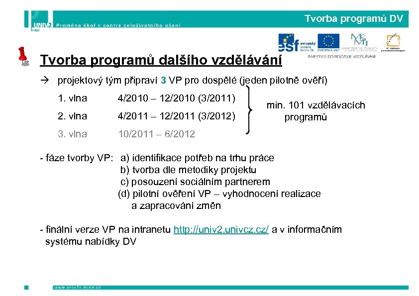 Tvorba programů DV Tvorba programů dalšího vzdělávání à projektový tým připraví 3 VP pro