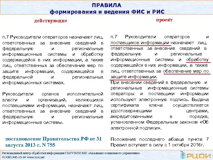 ПРАВИЛА формирования и ведения ФИС и РИС проект действующие п. 7 Руководители операторов назначают
