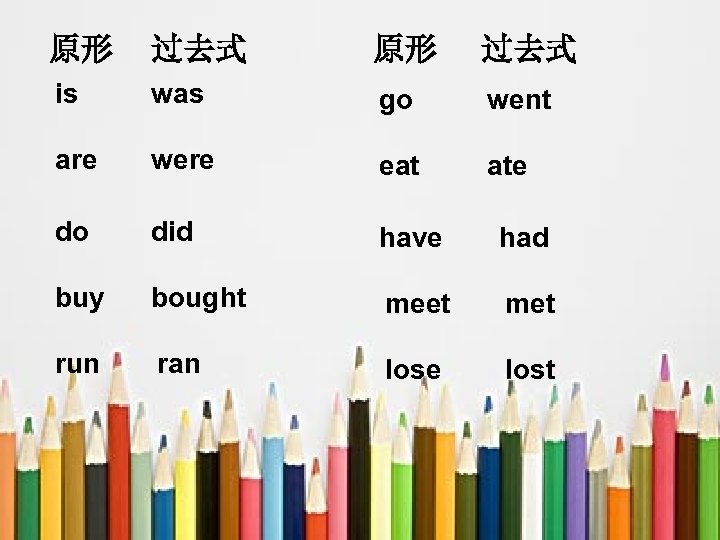 原形 过去式 is was go went are were eat ate do did have had