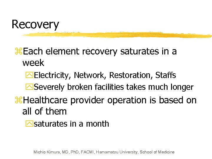 Recovery z. Each element recovery saturates in a week y. Electricity, Network, Restoration, Staffs