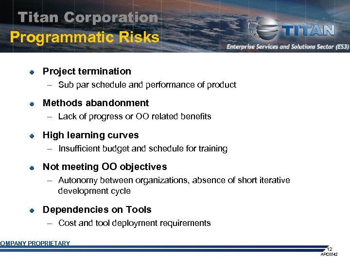 Programmatic Risks Project termination – Sub par schedule and performance of product Methods abandonment