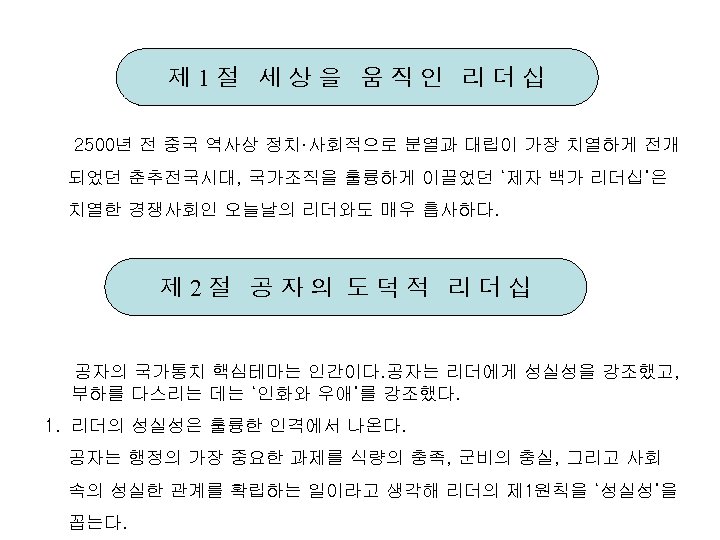 제 1절 세상을 움직인 리더십 2500년 전 중국 역사상 정치·사회적으로 분열과 대립이 가장 치열하게
