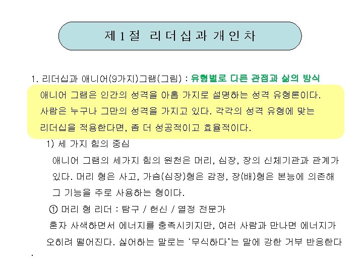 제 1절 리더십과 개인차 1. 리더십과 애니어(9가지)그램(그림) : 유형별로 다른 관점과 삶의 방식 애니어