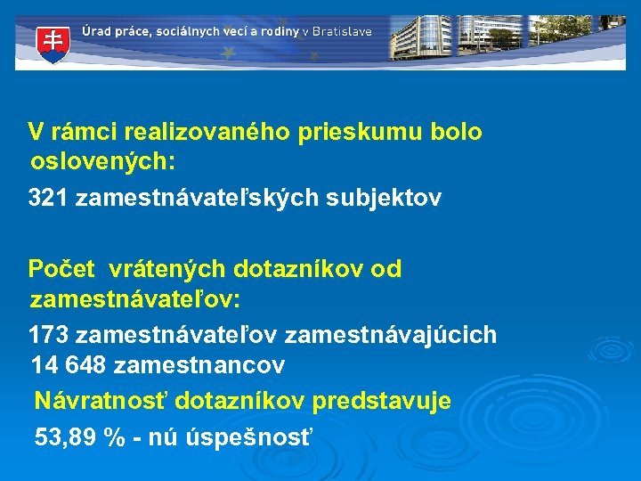  V rámci realizovaného prieskumu bolo oslovených: 321 zamestnávateľských subjektov Počet vrátených dotazníkov od