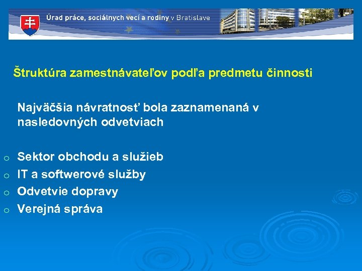 Štruktúra zamestnávateľov podľa predmetu činnosti Najväčšia návratnosť bola zaznamenaná v nasledovných odvetviach o o