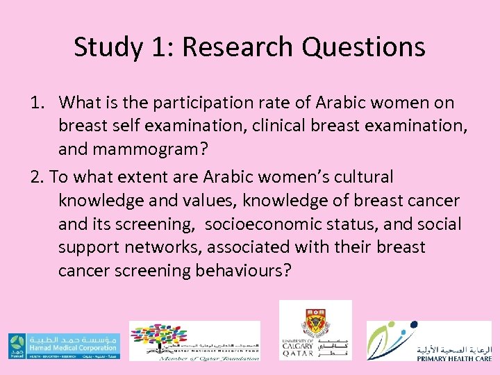 Study 1: Research Questions 1. What is the participation rate of Arabic women on