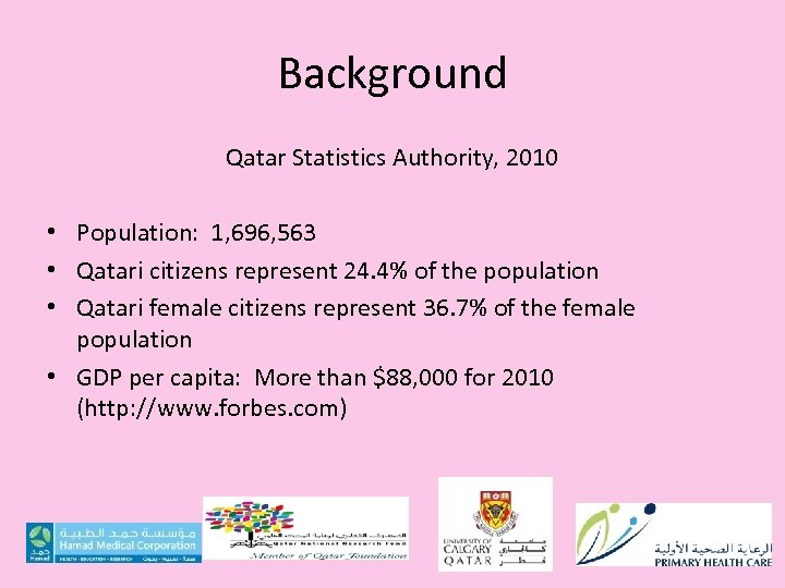 Background Qatar Statistics Authority, 2010 • Population: 1, 696, 563 • Qatari citizens represent