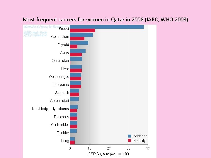 Most frequent cancers for women in Qatar in 2008 (IARC, WHO 2008) 
