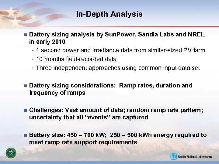 In-Depth Analysis n Battery sizing analysis by Sun. Power, Sandia Labs and NREL in