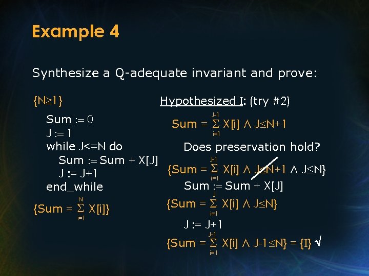 Example 4 Synthesize a Q-adequate invariant and prove: Hypothesized I: (try #2) {N 1}