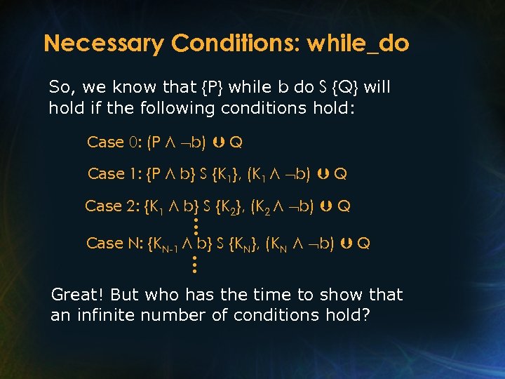 Necessary Conditions: while_do So, we know that {P} while b do S {Q} will