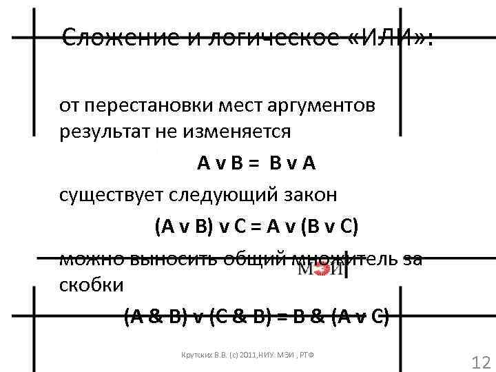Сложение и логическое «ИЛИ» : от перестановки мест аргументов результат не изменяется Av. B=