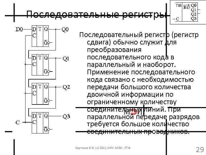 Последовательные регистры Последовательный регистр (регистр сдвига) обычно служит для преобразования последовательного кода в параллельный