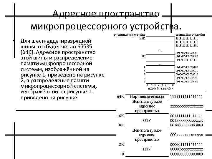 Адресное пространство микропроцессорного устройства. • Для шестнадцатиразрядной шины это будет число 65535 (64 K).