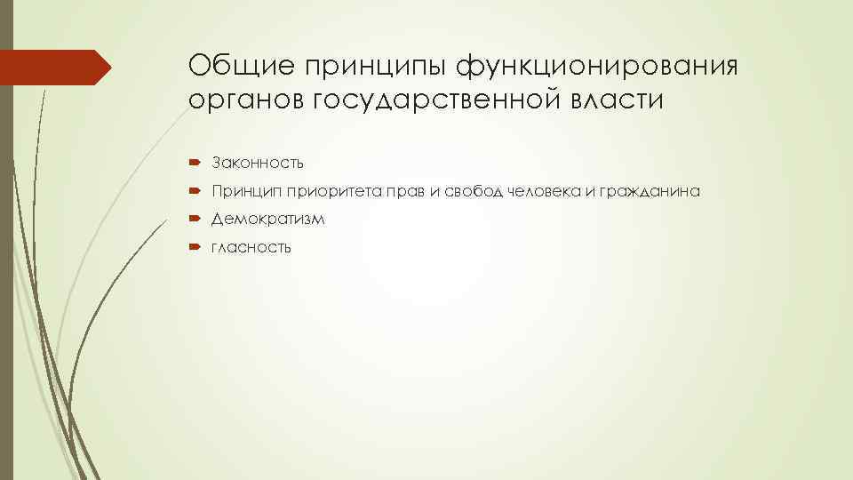 Общие принципы функционирования органов государственной власти Законность Принцип приоритета прав и свобод человека и