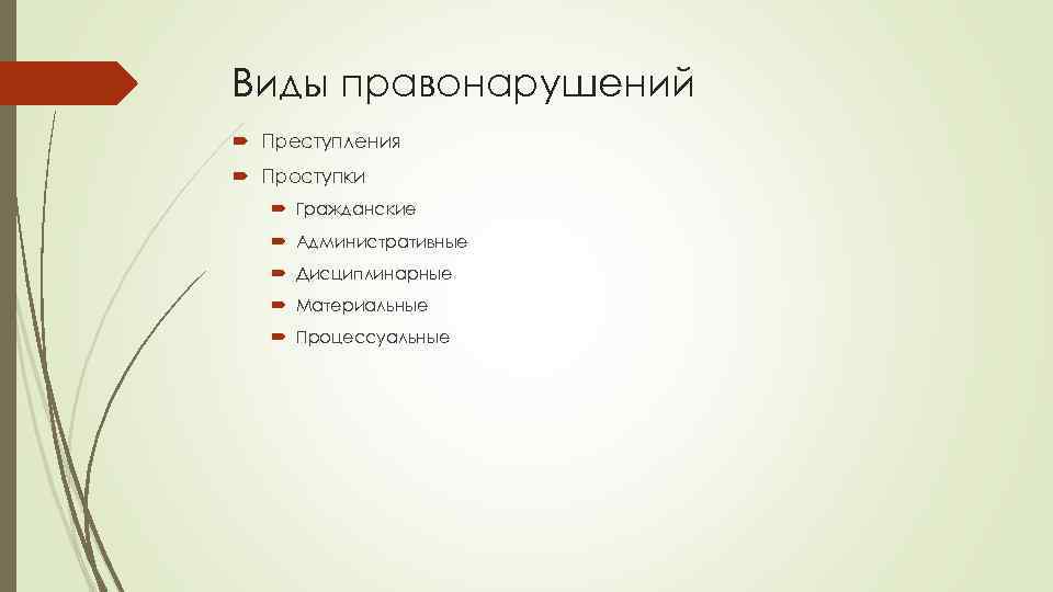 Виды правонарушений Преступления Проступки Гражданские Административные Дисциплинарные Материальные Процессуальные 
