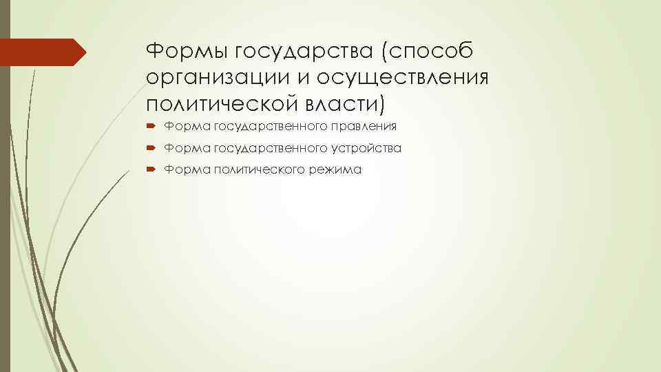 Формы государства (способ организации и осуществления политической власти) Форма государственного правления Форма государственного устройства