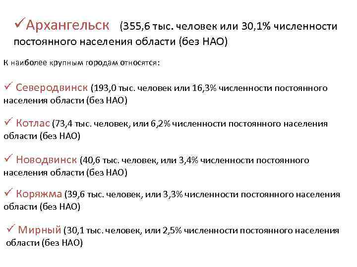 üАрхангельск (355, 6 тыс. человек или 30, 1% численности постоянного населения области (без НАО)