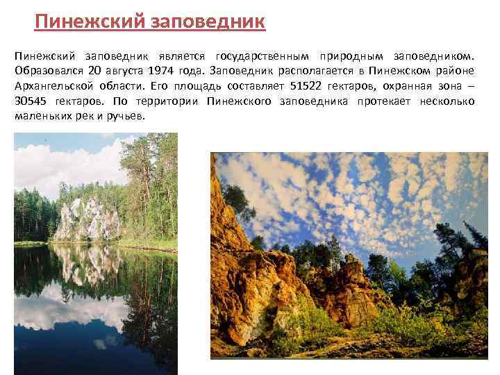 Пинежский заповедник является государственным природным заповедником. Образовался 20 августа 1974 года. Заповедник располагается в