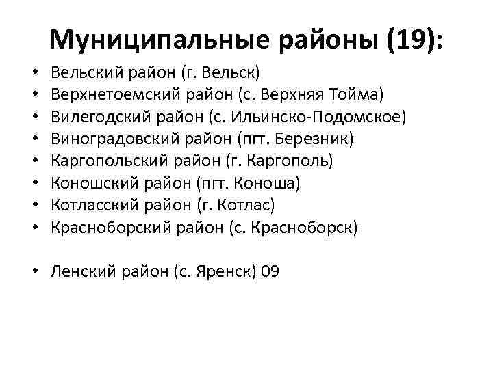 Муниципальные районы (19): • • Вельский район (г. Вельск) Верхнетоемский район (с. Верхняя Тойма)