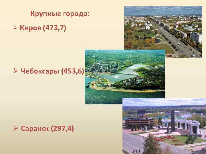 Крупные города: Ø Киров (473, 7) Ø Чебоксары (453, 6) Ø Саранск (297, 4)